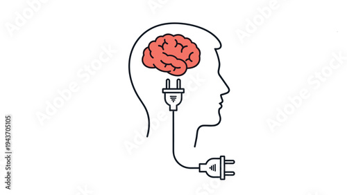 Conceptual drawing of a human profile with a brain being powered by an electrical plug symbolizing energy and mental health.