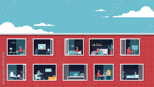 Apartment building at night showing glimpses of people through lighted windows engaged in their daily domestic routines.