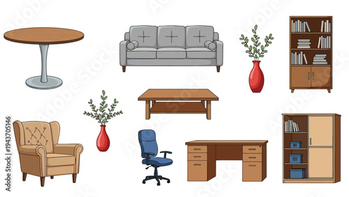 Diverse collection of furniture items including a sofa armchair desk and shelving units for interior design visualization.