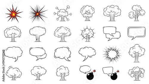 Extensive collection of comic book style explosion clouds smoke puffs and speech bubbles in black and white line art.