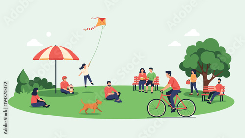 People enjoying various outdoor activities in a park including picnicking biking and flying a kite on a sunny day.