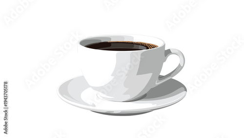 Simple illustration of a white ceramic cup and saucer filled with hot black coffee against a clean white background.