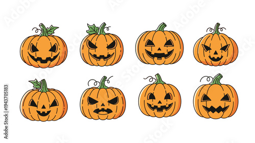 Collection of eight carved halloween pumpkins with different spooky and smiling jack-o-lantern faces on a white background.