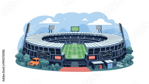 Detailed illustration of a professional sports stadium with a green football field under a cloudy sky with surrounding trees.