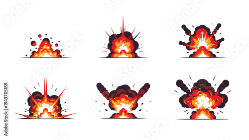 Set of six colorful comic book style explosion effects featuring fire smoke and orange blasts in a dynamic graphic style.