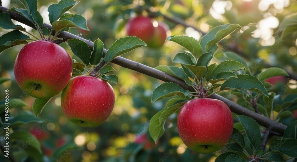 Obraz premium Ripe red apples hanging on a branch in natural light, bokeh background