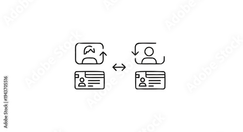 Two sets of profile cards and avatars showing data exchange.