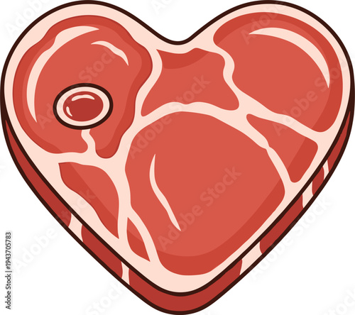 Heart shaped raw steak illustration, romantic meat cut design for Valentine dinner, butcher shop and food concept vector
