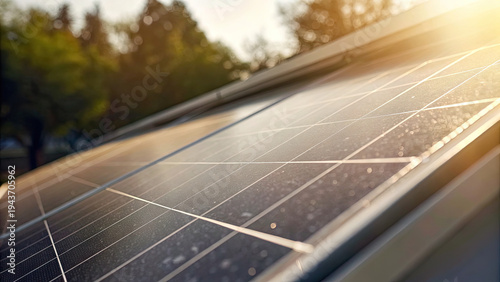 Closeup view of solar panels on building rooftop concept. Close-up view of solar panels absorbing sunlight in a green setting.