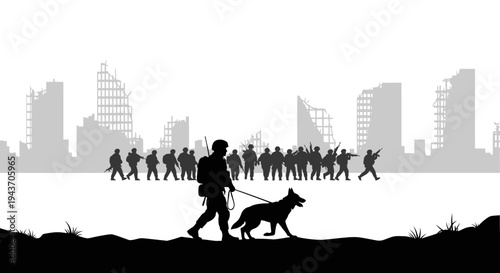 Soldier with Dog Patrol in Ruined City Silhouette