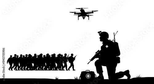 Soldier with Drone and Troops, Military Technology, Combat Support, Reconnaissance