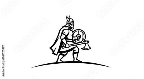 Viking Warrior with Axe and Shield, Black and White Illustration