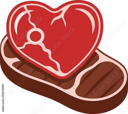 Heart shaped raw steak on grilled meat cut illustration, romantic Valentine food concept vector for butcher shop and restaurant design