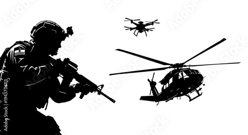 Soldier with rifle, helicopter and drone in silhouette against white background, military concept