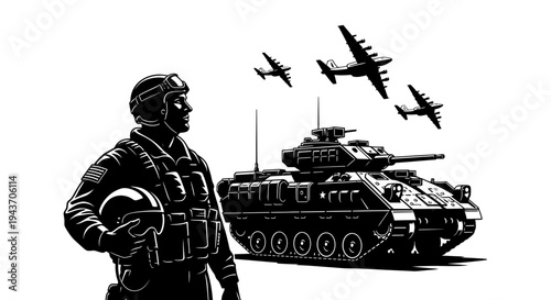 Soldier with Tank and Airplanes - Military Power and Modern Warfare Concept