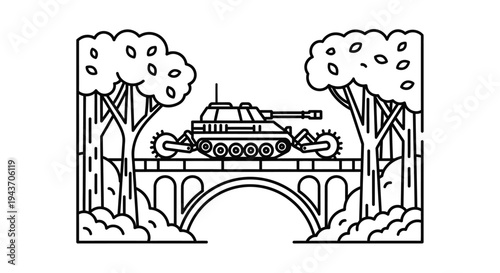 Vintage Tank Crossing Old Stone Bridge Surrounded by Trees