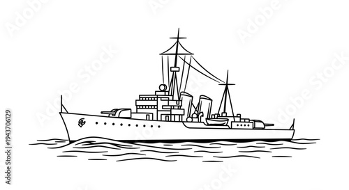 Vintage Warship Illustration: Classic Destroyer Sailing on Waves, Nautical Military Vessel