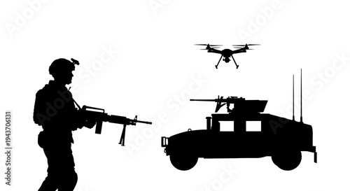 Soldier, Drone, and Military Vehicle Silhouette: Modern Warfare and Surveillance