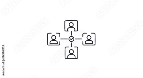 Teamwork and Collaboration Network with Central Checkmark Icon.