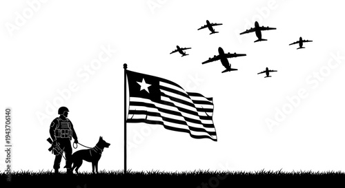 Soldier, K9 Unit, and Airplanes Fly Over Liberian Flag