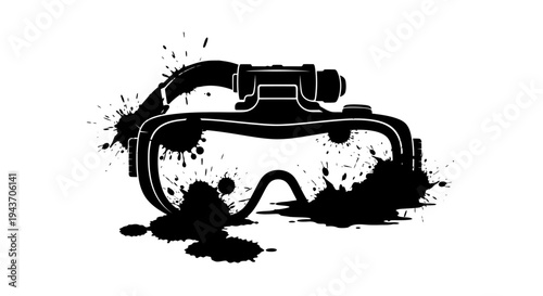 VR headset with ink splatters, virtual reality concept, grunge style