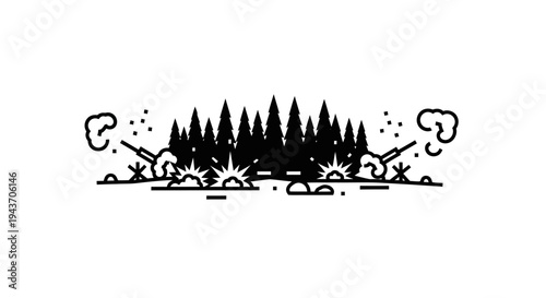 War Scene Illustration: Forest Battle with Artillery and Explosions