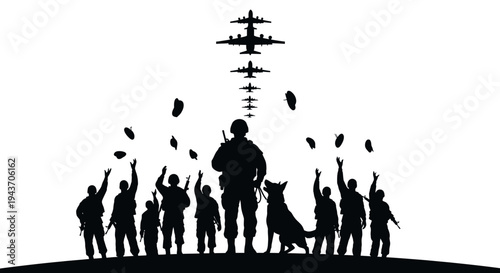 Soldiers and Dog Salute Military Aircraft Formation Overhead