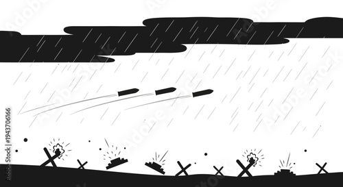 Warfare Illustration: Missiles Flying Over Barbed Wire and Explosions in Rain