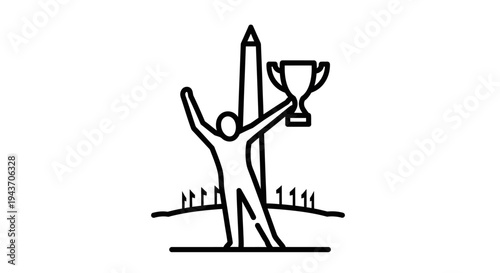 Winner Holding Trophy with Monument and Flags