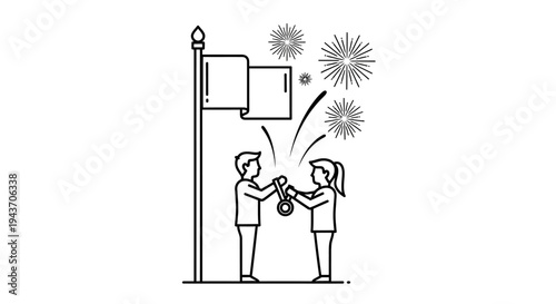 Winner Receiving Medal at Flagpole with Fireworks - Success and Achievement Concept