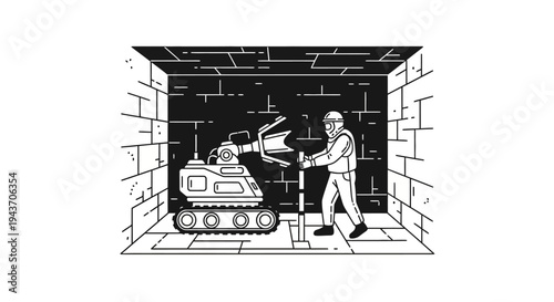 Worker with Excavator Robot in Underground Construction Site