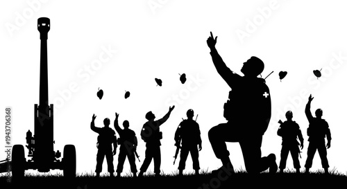 Soldiers Praying and Celebrating with Artillery Gun Silhouette