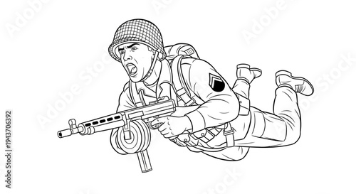WWII Paratrooper Soldier with Machine Gun in Combat Dive - Black and White Line Art