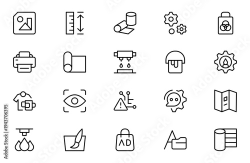 Printing Industry Line Icon Set for Print Shop, Offset Printing, Packaging, Publishing and Graphic Production Outline Vector Collection