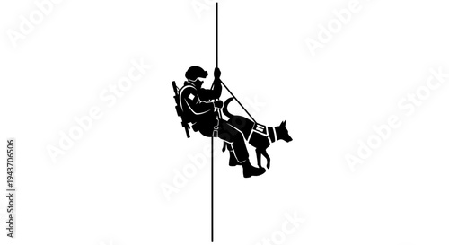 Special Forces Operator and Dog Rappelling Down Rope, Tactical Team, K9 Unit, Military, Police