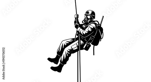 Special Forces Soldier Rappelling Down Rope with Gas Mask and Backpack