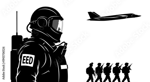 Special Forces Soldier with Jet and Troops Silhouette, Military Operation Concept