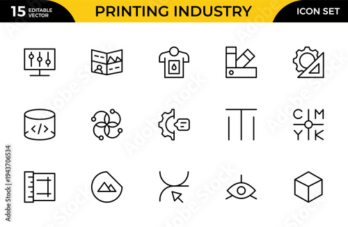 Printing Industry Line Icon Set for Print Shop, Offset Printing, Packaging, Publishing and Graphic Production Outline Vector Collection