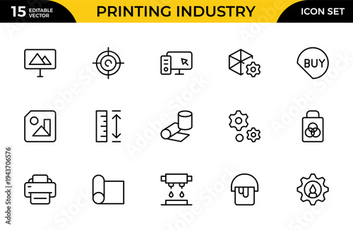 Printing Industry Line Icon Set for Print Shop, Offset Printing, Packaging, Publishing and Graphic Production Outline Vector Collection