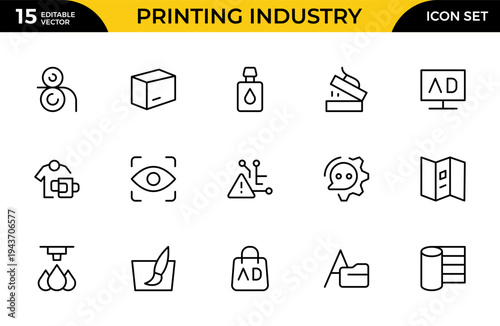 Printing Industry Line Icon Set for Print Shop, Offset Printing, Packaging, Publishing and Graphic Production Outline Vector Collection