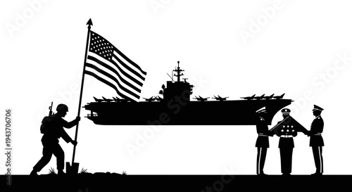 Veterans Honor American Flag and Aircraft Carrier Silhouette
