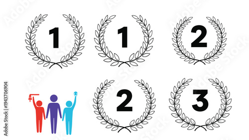 Collection of five laurel wreath icons with victory numbers one, two, and three, along with a group of people celebrating achievement and rank.