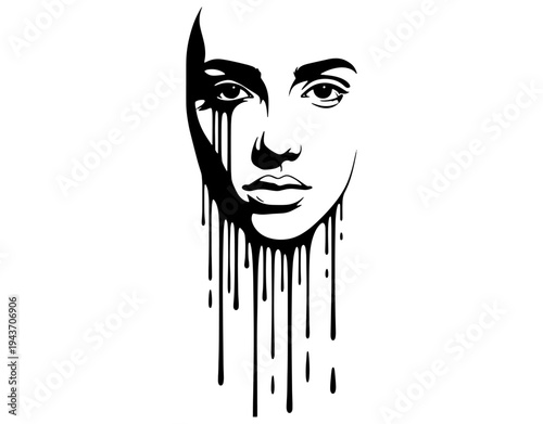 Artistic Portrait of a Woman with Black Paint Dripping from Eyes, Emotional Melancholy Concept Illustration, Abstract Female Face Silhouette Isolated on White Background.