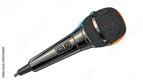 Dynamic illustration of a professional handheld vocal microphone with detailed line work and a retro comic book shadow effect.