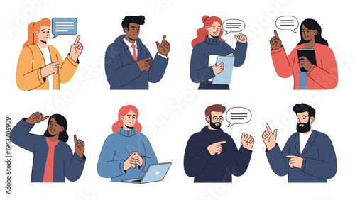 Set of diverse men and women in casual attire engaging in conversation with speech bubbles and various hand gestures and poses.