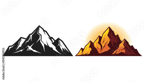 Comparison of a mountain peak silhouette in solid black and a colorful version with warm highlights from a rising or setting sun.