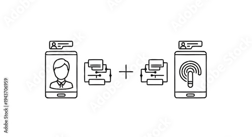Two smartphones connected via printers and plus signs.