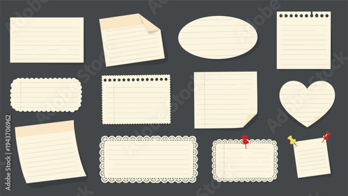 Large collection of blank paper notes in various shapes and textures with lines and push pins against a dark grey background.