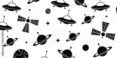 Black and white space pattern with UFO planets satellites and stars minimalist seamless vector illustration
