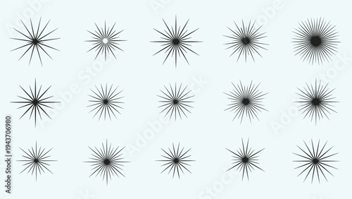 Grid of various starburst and sunburst shapes in black on a light background useful for icons and retro graphic design elements.
